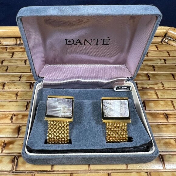 Vintage Dante Cufflinks W/ Mesh Band & Tahitian Pearl Accents In Velvet Box - Picture 1 of 6